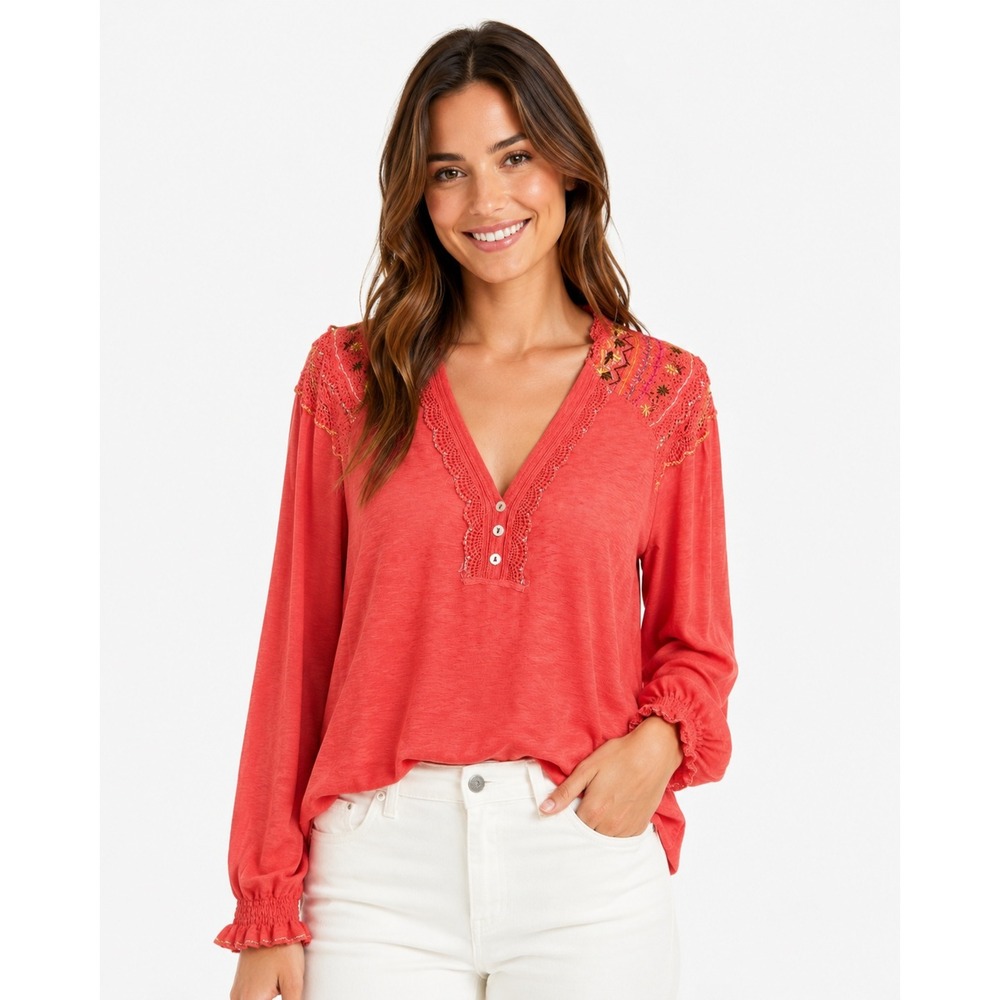 Free People Coral Pink Crochet Embroidered Henley Boho Long Sleeve Top Women M - Picture 2 of 15